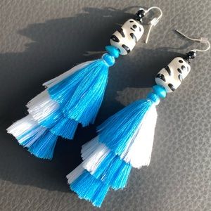 NEW ANTHROPOLOGIE PANDA BLUE WHITE TASSEL EARRINGS